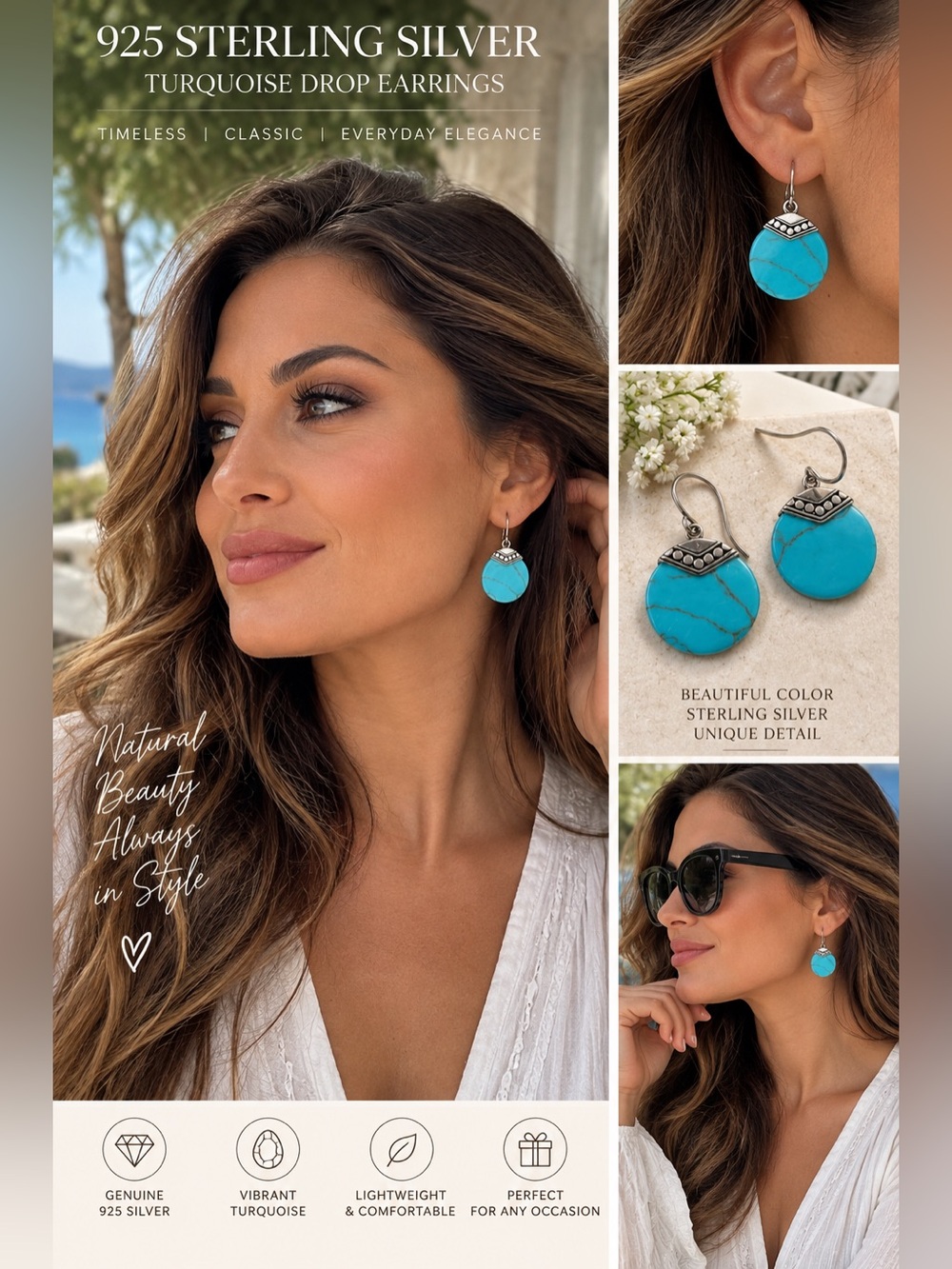 925 Sterling Silver Turquoise Drop Earrings - Vibrant Turquoise
